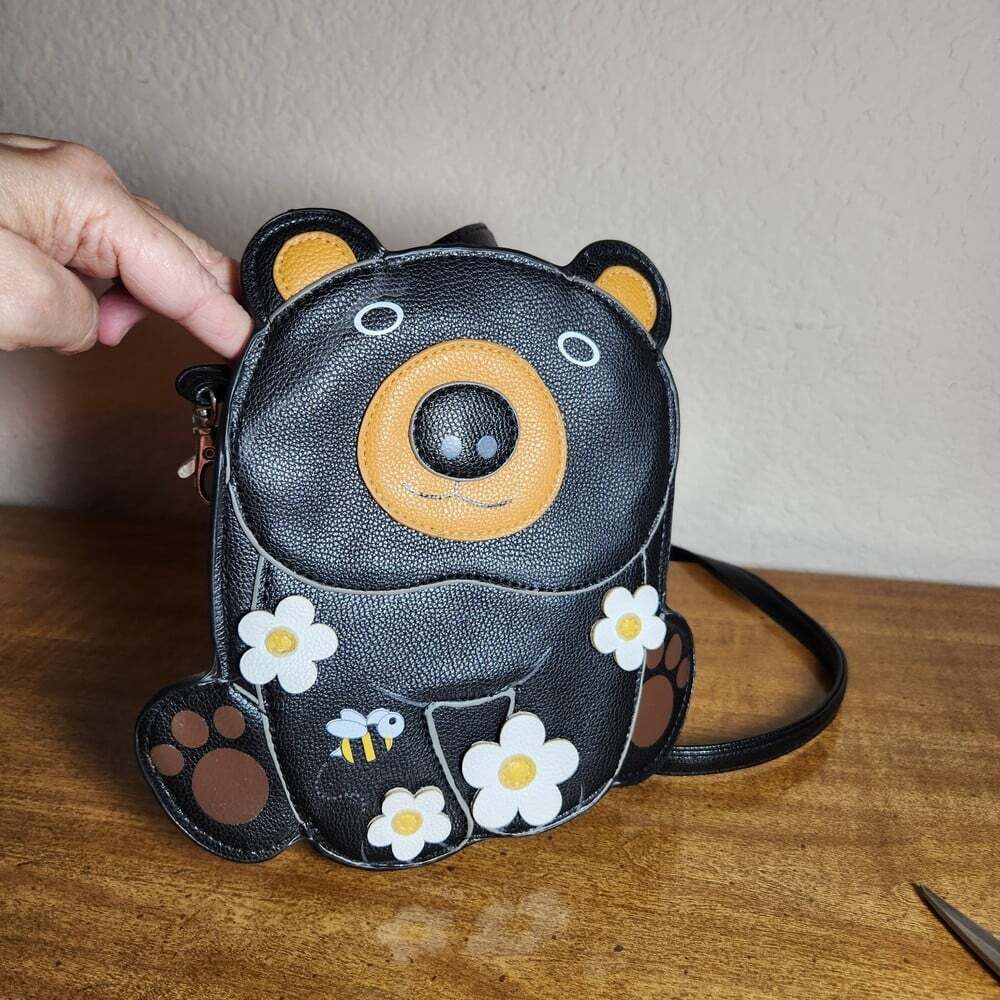 Sleepyville Critters Leather Brown Bear With Bees Crossbody Purse Bag 8 1/2"